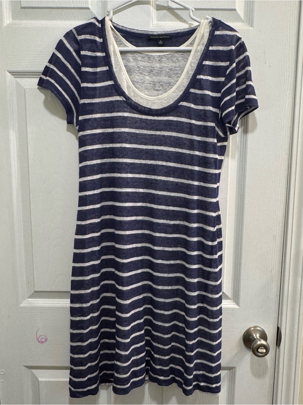 Banana Republic Blue White Striped 100% Linen Knit T-Shirt Dress Size M Summer